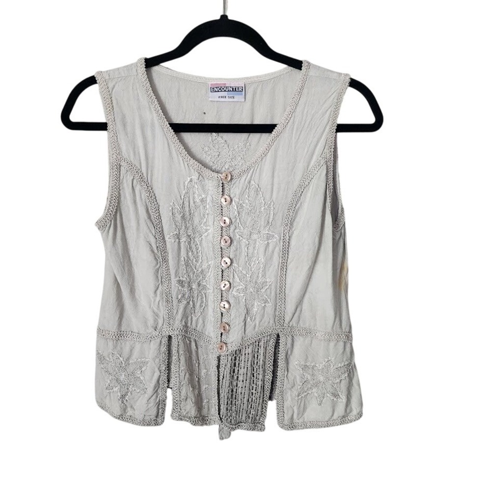 ENCOUNTER VINTAGE Embroidered Lace Vest Top Boho Y2K Cottagecore in stone OS